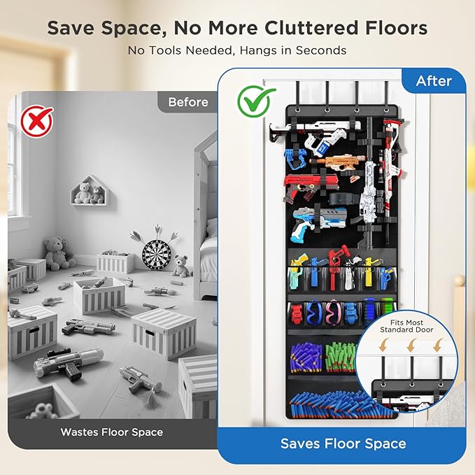 Over The Door Organizer for Toy Guns, Toys Storage Door Hanger with Pockets and Slots for Kids Foam Blasters, Darts, Goggles, Over Door Toys Storage Organizer, for Kids Rooms, Game Rooms, Gray