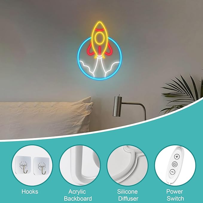 Rocket Neon Sign, LED Light Room Decor, USB Powered Light Up Space Element Universe Theme Decoration, for Bedroom Living Room Gaming Room Man Cave Home Party Birthday Gift for Teen Boys