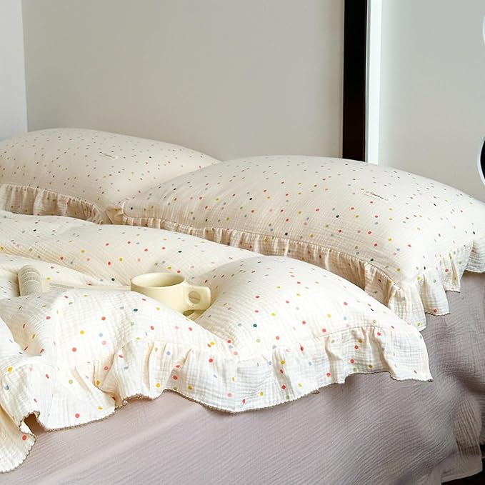 AOJIM Muslin Cotton Kids Duvet Cover 1 Piece for Girls and Boys - Super Soft Aesthetic Comforter Cover Twin Size - Breathable Ruffled Edge Bedding Duvet Cover 2-Layer Gauze, Coloful Polka Dot Pattern
