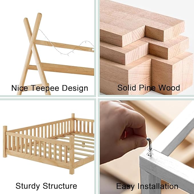 Montessori Bed Full Size with Light and Slats, Wood Teepee Floor Bed for Kids Boys Girls,House Bed Frame with Rails & Roof,No Box Spring Needed, Natural