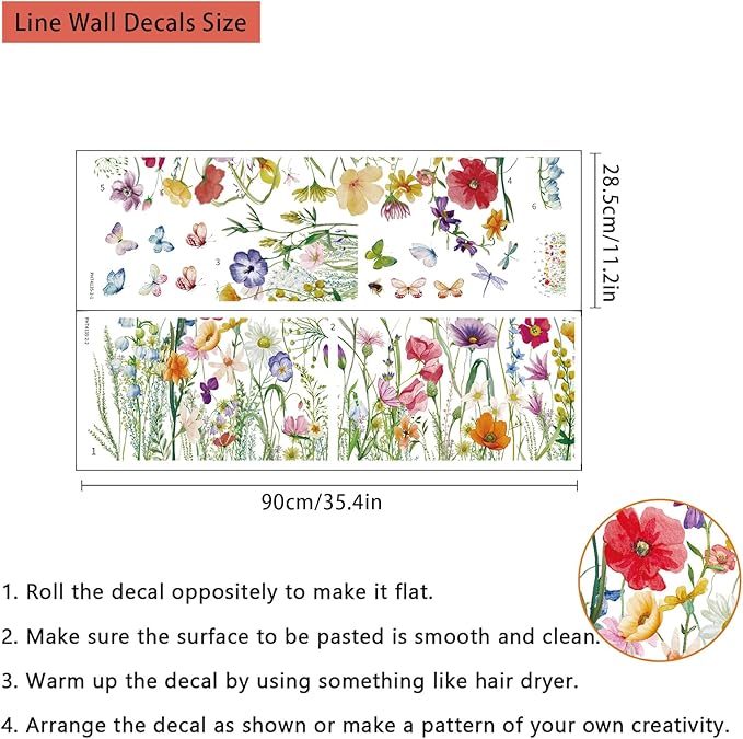 Colorful Flower Wall Sticker Floral Plant Grass Wall Decal Peel and Stick Flowers Butterfly Wall Art Mural Spring Wildflower Wall Sticker Decor for Bedroom Living Room