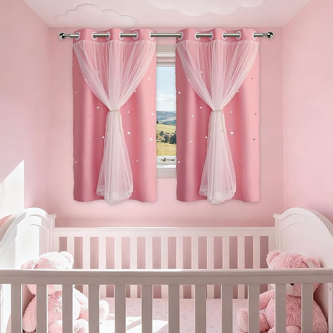 Pink Curtains for Girls Bedroom Cute - Aesthetic Star Cutout Blackout Double Layer with Sheer Overlay, 54 Inch Length 2 Panels Kids Room Curtain Baby Nursery Decor Short Drapes