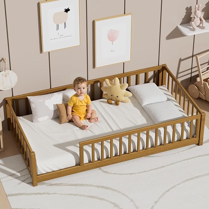LLS Twin Floor Bed for Kids Toddlers, Solid Wood Multifunctional Montessori Bed Frame with Safety Guardrails, Without Door, Easy Assemble,Light Espresso