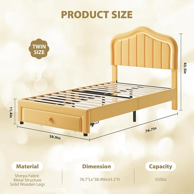 Twin Upholstered Bed Frame with Storage Drawer and Smart Led Headboard, Twin Size Platform Bed Frames for Kids, Wooden Slats Support, No Box Spring Needed, Easy Assembly, Yellow