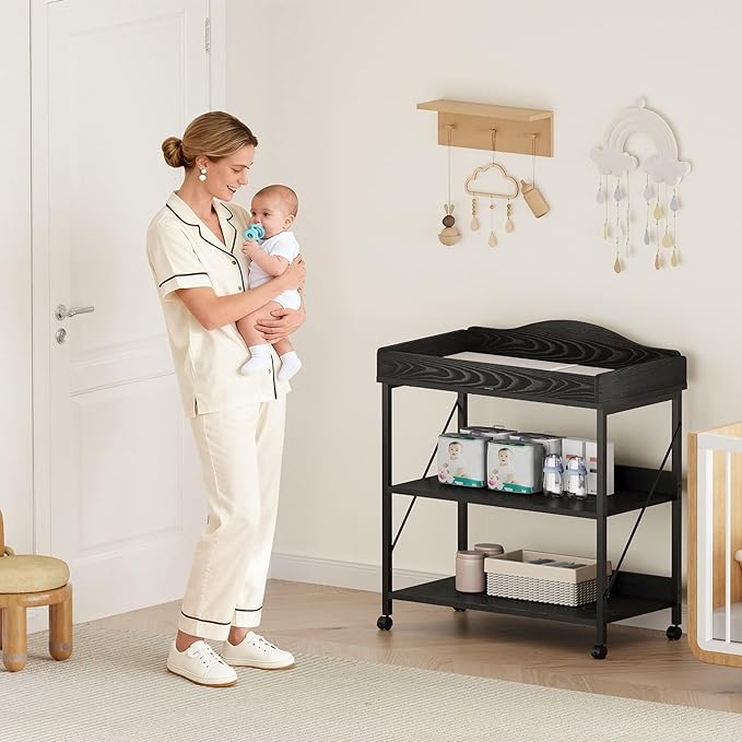 Baby Changing Table, Diaper Changing Station with Pad and Wheels, Two-Tier Open Storage Shelves, Waterproof Diaper pad & Safety Strap,Compact Baby Furniture for Nursery, Black