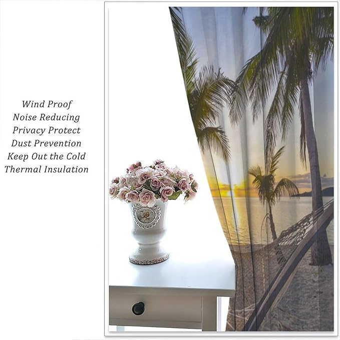 Ocean Beach Curtains,Morning Sunrise Hawaiian Seaside Scene Pattern Blackout Print Home Bedroom Living Room Window Treatments 2 Panel Set 72x63 Inch