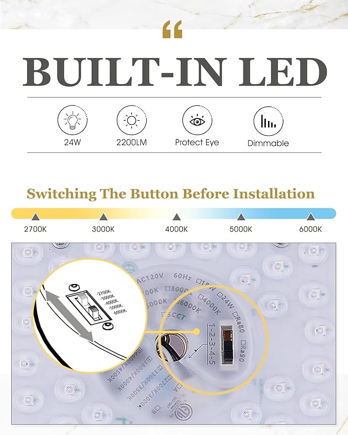 Flush Mount Ceiling Light, 13inch Close to Ceiling Light Fixtures 24W 2200LM Dimmable 2700K/3000K/4000K/5000K/6000K LED Ceiling Lamp for Kitchen Bedroom Hallway, Brushed Nickel, AD-22008-L-SN