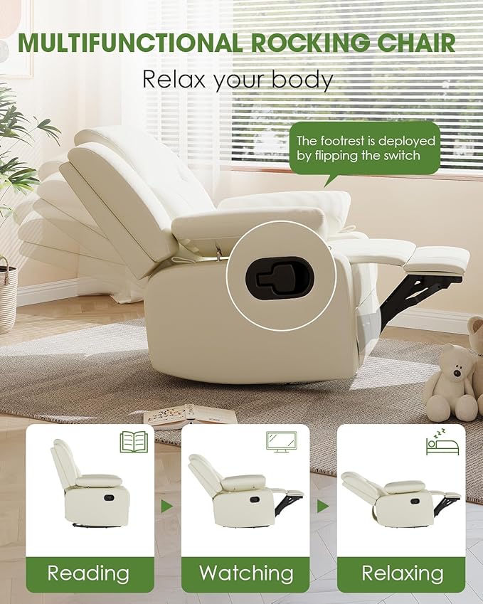 AILEEKISS Rocking Chair Nursery Swivel Recliner Glider Chair with Adjustable Armrests,Headrest Rocker Nursing Chair for Breastfeeding Comfy Upholstered Living Room Reclining Chairs(Beige)