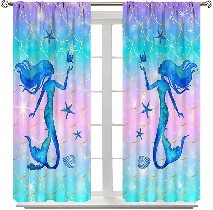 Mermaid Scale Curtains for Kids Girls Magic Gradient Mermaid Fish Scale Pattern Decoration Bedroom Nursery Curtains 52x84 Inch