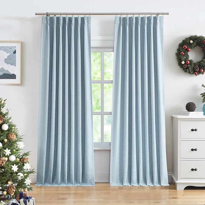 Pinch Pleated Blackout Curtain Panels with Full Blackout Liner Linen Texture Window Treatment Sets with Back Tab for Living Room Bedroom Thermal Insulated Drape with 9 Hooks, 40"x90"x2, Dusty Blue