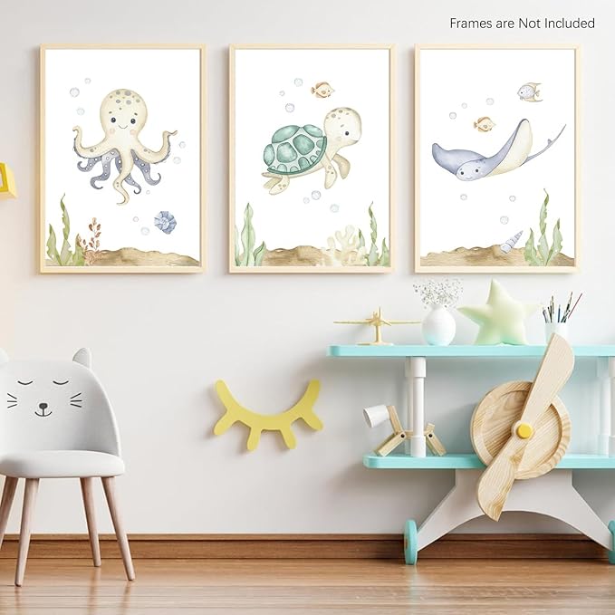 Wodkwq Ocean Nursery Decor,Nursery Wall Decor,Kids Bathroom Decor,Under The Sea,Boys Room Sea Animal Wall Art Picture Canvas Prints Set of 3,Bedroom 16x24 Inch Framed