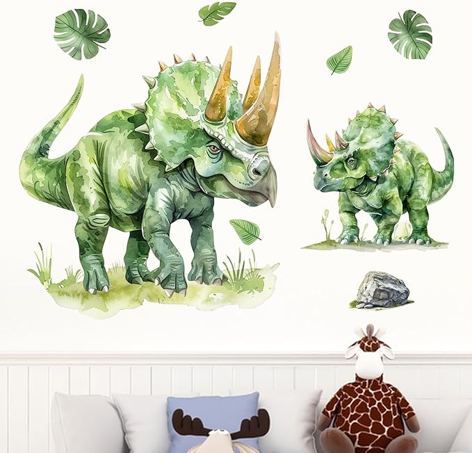 Mfault Watercolor Dinosaur Wall Decals Stickers, Jungle Green Dino Triceratops Monstera Palm Leaves Nursery Decorations Kids Bedroom Art, Tropical Plant Block Baby Boys Toddlers Playroom Home Decor