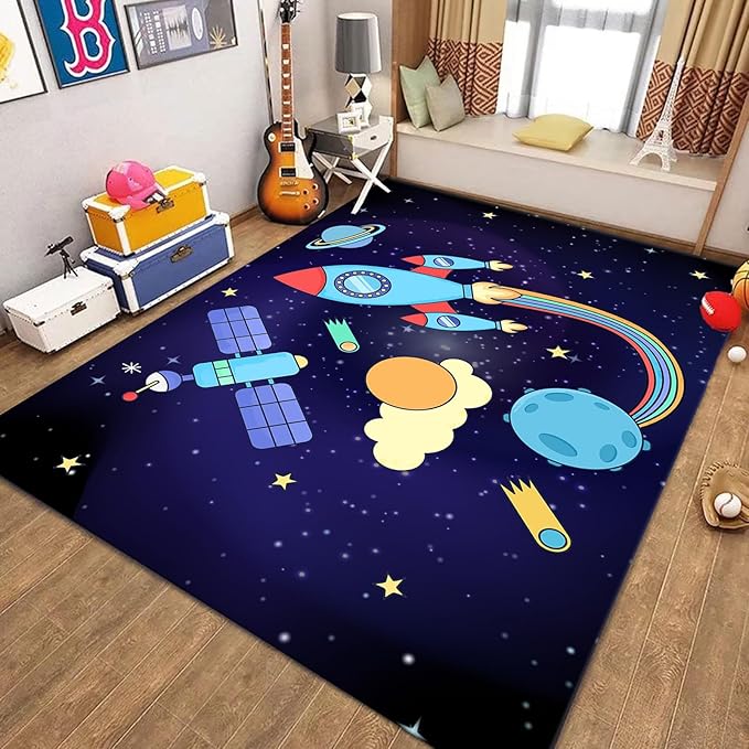 Outer Space Themed Rug,6x8ft,with Cartoon Planets,Stars and Rocket Design Rugs, Suitable for Playroom Bedroom Printed Rug, Non-Slip Machine Washable Carpet, Children's Room Decor
