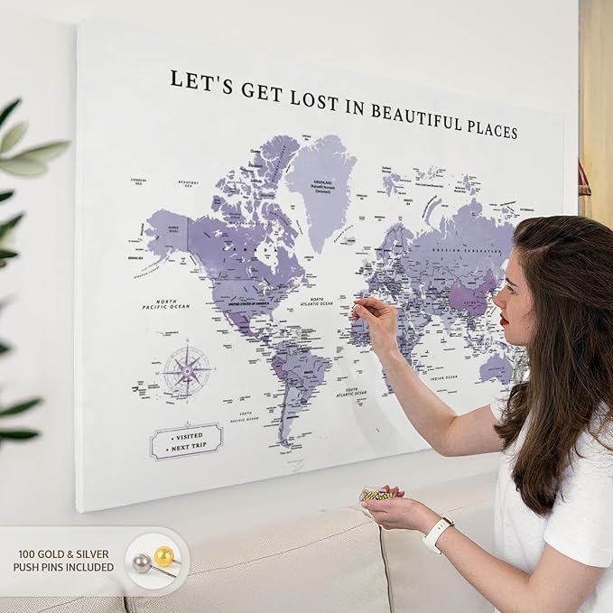 ElephantStock - Beautiful Places II Push Pin World Map Wall Art - Horizontal Canvas Wall Art - Living Room Wall Decor - Digital Art Map Canvas Art - White And Black Decor - 51" x 34"
