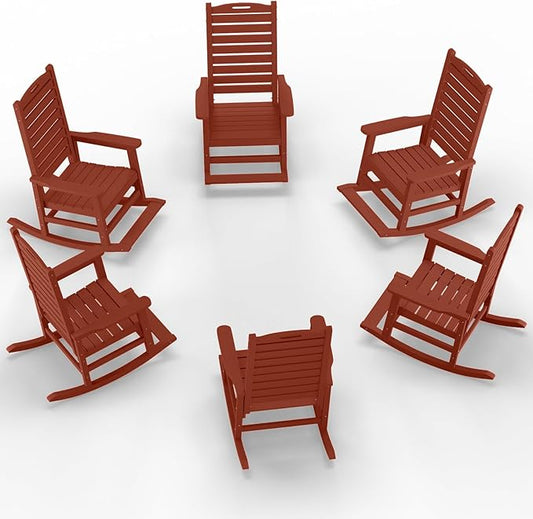 Outdoor Rocking Chair Set of 6 with Removable Footboard for Adults, HDPE High Back Patio Rocking Chairs, 330lbs All Weather Porch Rocking Chairs for Outdoor & Indoor -Reddish Brown
