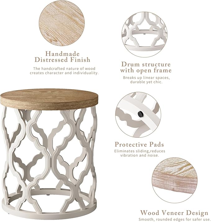 karlott Farmhouse End Table, 18.5'' French Country Round Side Table, Distressed Top Side Table with Curved Motif Frame Base for Boho, End Tables Living Room, Bedroom, Small Space, Easy Assembly