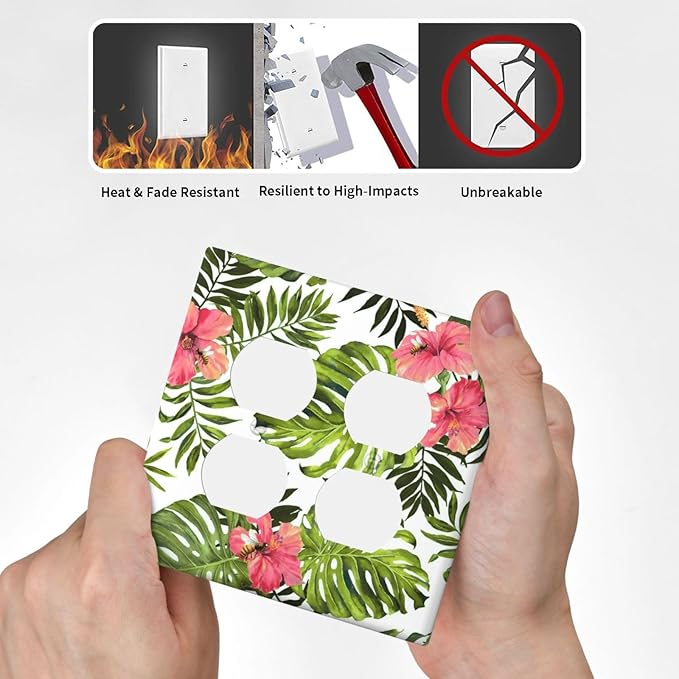 Tropical Plant Green Palm Outlet Covers 2-Gang Duplex Light Switch Cover Decorative Gfci Wall Plate Covers Electrical Receptacle Switch Plate Cover Plug Faceplate for Bathroom Decor