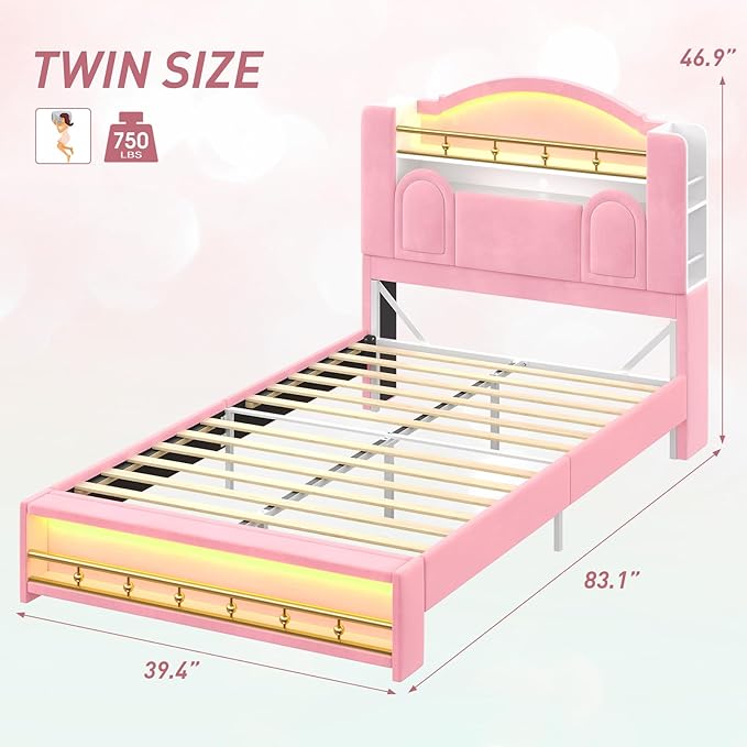 Twin Bed Frames with Storage Headboard,Twin Size Platform Bed for Girls/Kids,Velvet Upholstered Princess Bed Frame Twin,Charging Station&LED Lights,No Box Spring Needed/Noise-Free/Easy Assembly,Pink