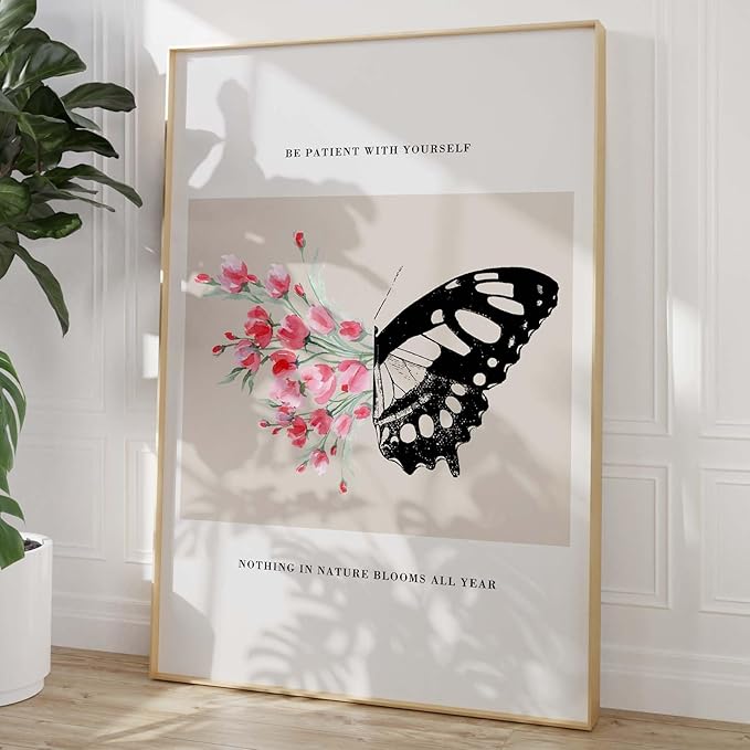 Be Patient with Yourself Art Positive Affirmation Artwork Mental Health Posters Butterfly Flower Painting Pink Watercolor Flower Prints Black Butterfly Pictures for Living Room Bedroom 16x24in