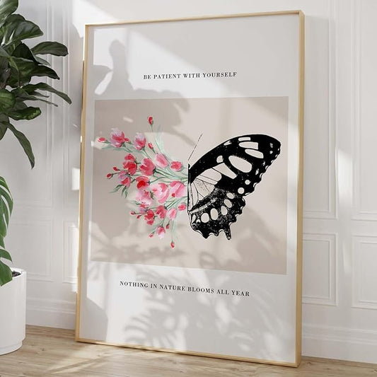 Be Patient with Yourself Art Positive Affirmation Artwork Mental Health Posters Butterfly Flower Painting Pink Watercolor Flower Prints Black Butterfly Pictures for Living Room Bedroom 16x24in