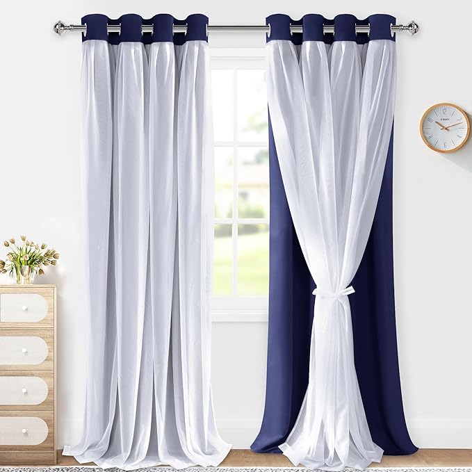 XWZO 100% Blackout Double Layer Curtains, Blackout Curtains with Sheer Overlay for Living Room, Bedroom, Grommet Thermal Insulated Privacy Curtains with Tiebacks, 2 Panels, 52x108, Navy Blue