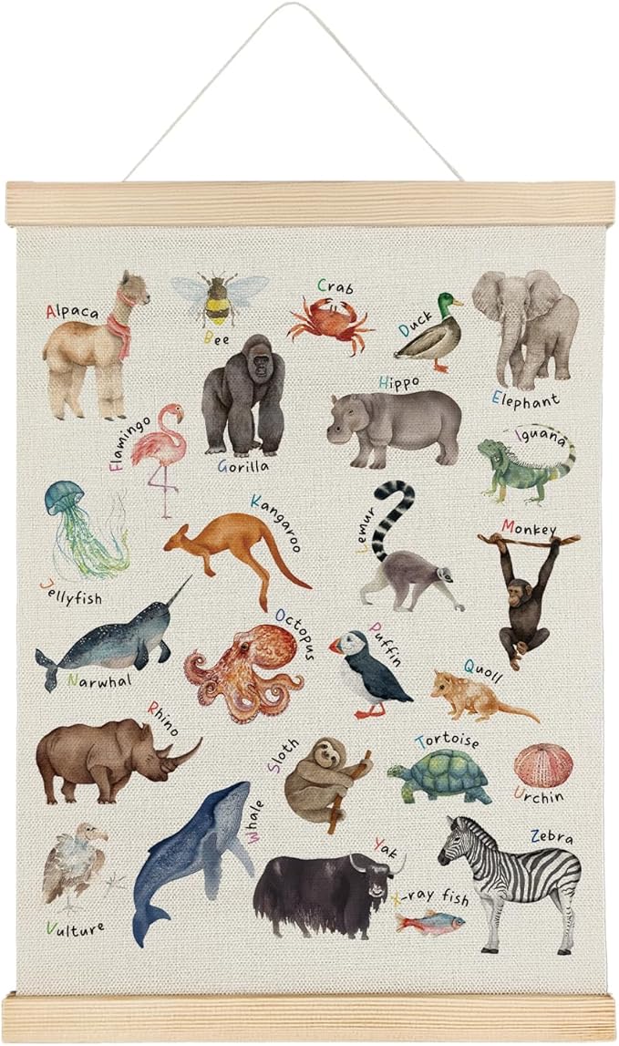 SereneHanctuary Animal Alphabet Wall Art,Animal Nursery Wall Decor, Educational Alphabet Animals Poster Hanger Frame for Toddler Kids Bedroom Nursery Playroom Classroom Decor,12x16 Inches