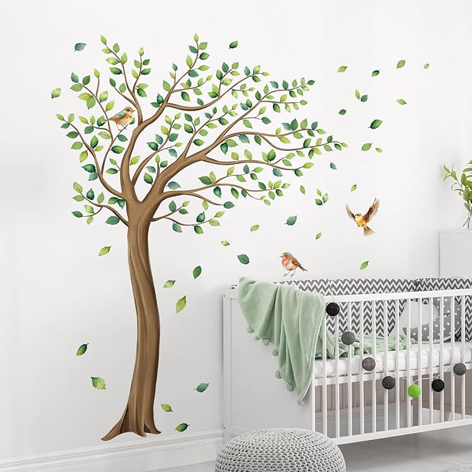 Tanlaby Large Tree Wall Stickers Green Leaves Birds Wall Decals Peel and Stick Falling Leaf Art Decor for Kids Girls Nursery Room Bedroom Living Room Kindergarten (H: 64 inch)