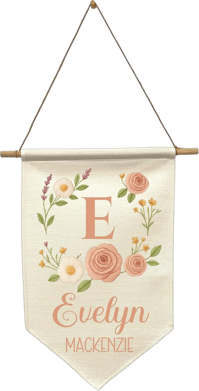 Custom Name Banner Faux Embroidery Nursery Wall Hanging - Boho Baby Girl Room Decor – Kids’ Name Sign for Nursery, Bedroom, or Playroom (Peach Flowers)