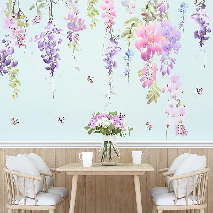 Amaonm 3D Removable Hanging Purple Blue Flowers With Green Leaves Wall Stickers Murals DIY Peel and Stick Flower Vines Floral Wall Decal for Home Wall Corner Kids Bedroom Living Room Nursery Decoration (C)