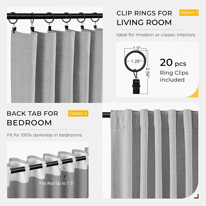 INOVADAY 100% Blackout Curtains for Bedroom, Black Out Curtains 72 Inch Long, Clip Rings Linen Blackout Drapes, Thermal Insulated Room Darkening for Living Room, 2 Panels - Grey,W50xL72