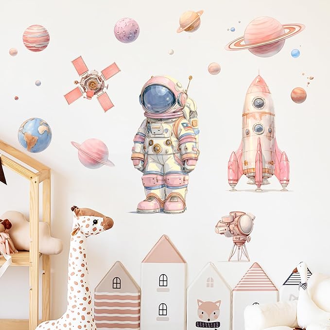 Pink Space Astronaut Wall Decals Removable Cartoon Vinyl Stickers for Nursery Girls Room and Playroom Decor Peel and Stick Galaxy Theme Wall Art