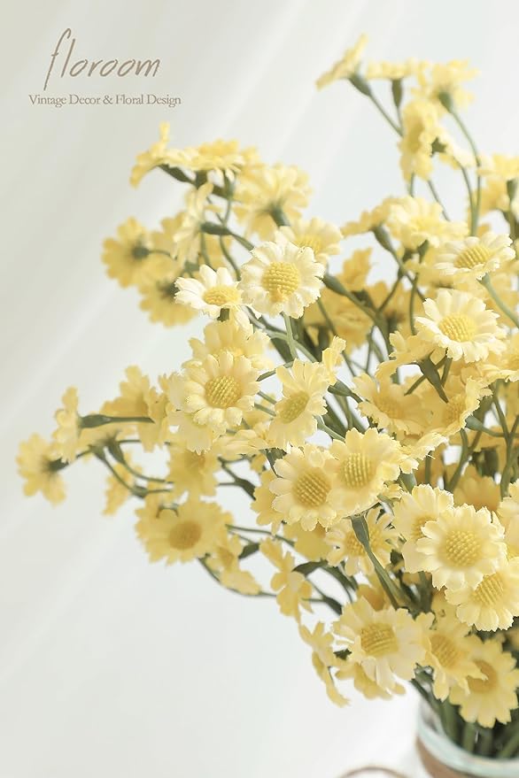 Floroom 24pcs Yellow Small Artificial Flowers Faux Silk Daisies Fake Wildflowers with Stems for DIY Wedding Bouquets Floral Arrangements Party Decor Centerpieces Decorations (Vase Not Included)