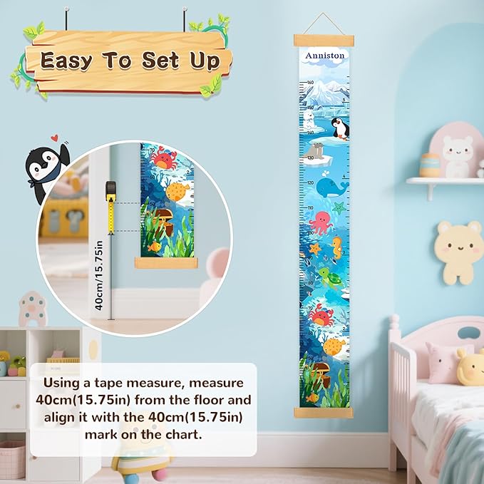 Personalized Name Height Chart for Kids, Canvas Ocean Animals Growth Chart for Wall Removable, Nursery and Playroom Wall Decor, Growth Chart for Boys Girls, Customized Gifts for Kids