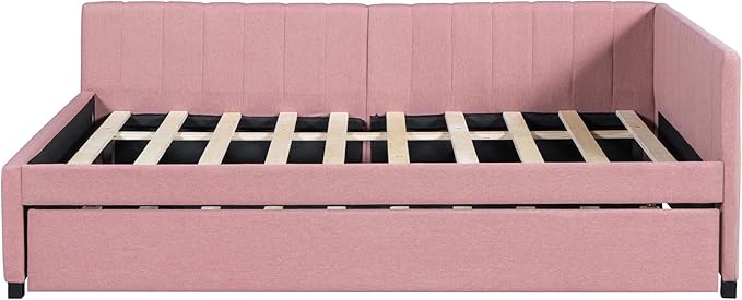 Harper & Bright Designs Full Size Upholstered Daybed with Trundle Sofa Bed Frame for Boys Girls Kids Adults Toddler No Box Spring Needed, Linen Fabric(Pink)