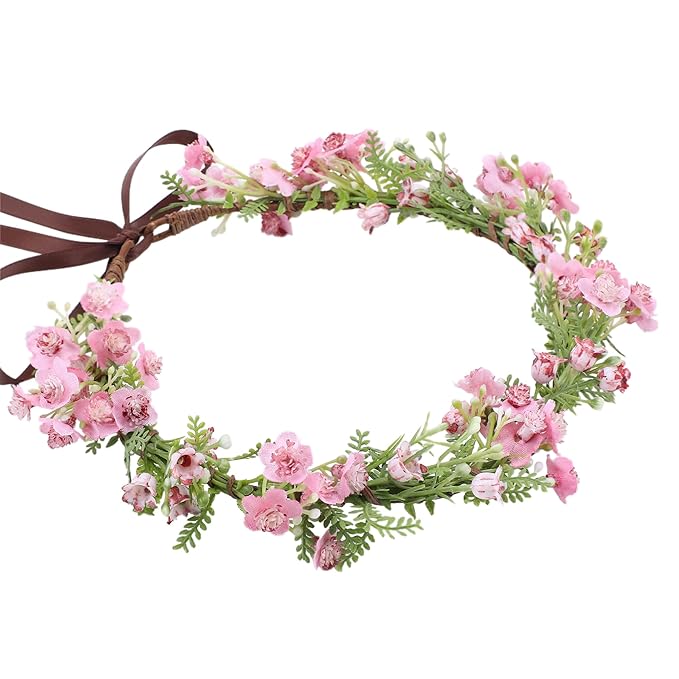 Pink Bohemian Flower Crown - Pink Babys Breath Flower Headband with Green Leaf Bohemian Floral Headpiece Hair Wreath for Women Wedding Halloween Christmas