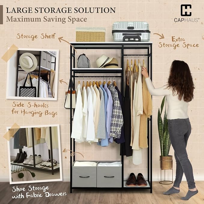 CAPHAUS 550lbs Capacity Garment Rack for Hanging Clothes, Heavy Duty Metal Open Wardrobe w/Hanging Rods & Drawers, Free Standing Closet Organizer, Metal Closet w/Wooden Boards, Rustic Oak Board
