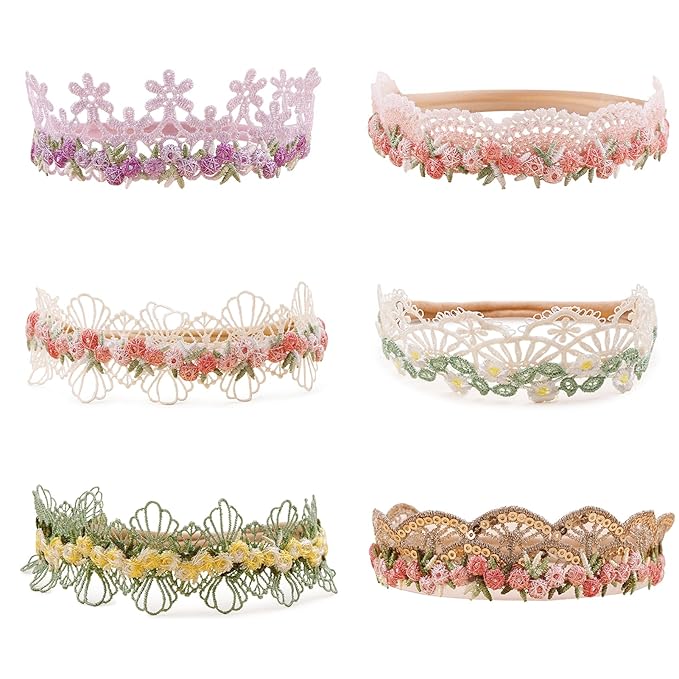 Baby Girl Flower Hair Bows Nylon Headbands, 6PCS Stretchy Soft Floral Hairbands Crown, Handmade Hair Accessories for Newborn Infant Toddler