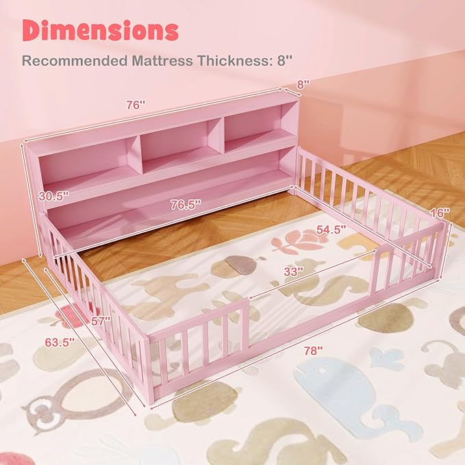KOMFOTT Full Floor Bed with Bookcase & Shelves, Wood Bed Frame with Bedside Bookshelves & Guardrails, Versatile 2-in-1 Montessori Floor Bed for Kids (Full,Pink)