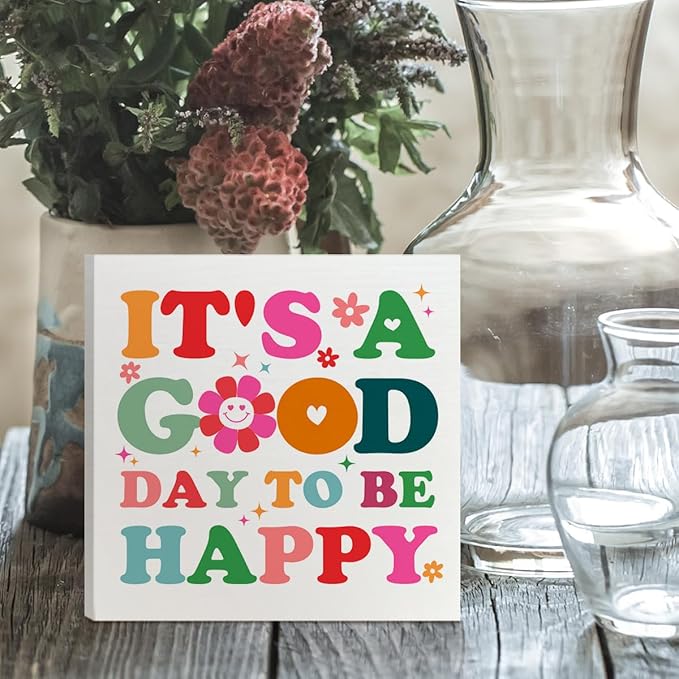 Boho Hippie Mental Health Wood Box Sign Desk Accessories Decor for Therapy School Counselor Counseling Office, Inspirational It’s a Good Day to Be Happy Decor for Nursery Classroom Toddler Room