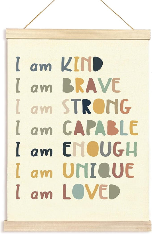 Hiuwevt Boho Classroom Wall Art, Boho I Am Kind Inspirational Poster Hanger Frame, Positive Affirmations Wall Art Home Decor for Kids Toddler Boys Girls Room Bedroom Nursery Playroom Classroom, 12x16 Inch