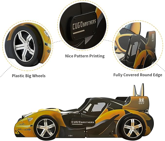 HMFULE Twin Bed Frames for Kids, Wood Cartoon Dog Race Car -Shaped Bed Frame Platform with Wheels LED Lights & Slat Support for Toddler, Teens, Boys or Girls, No Box Spring Needed (Black Yellow)