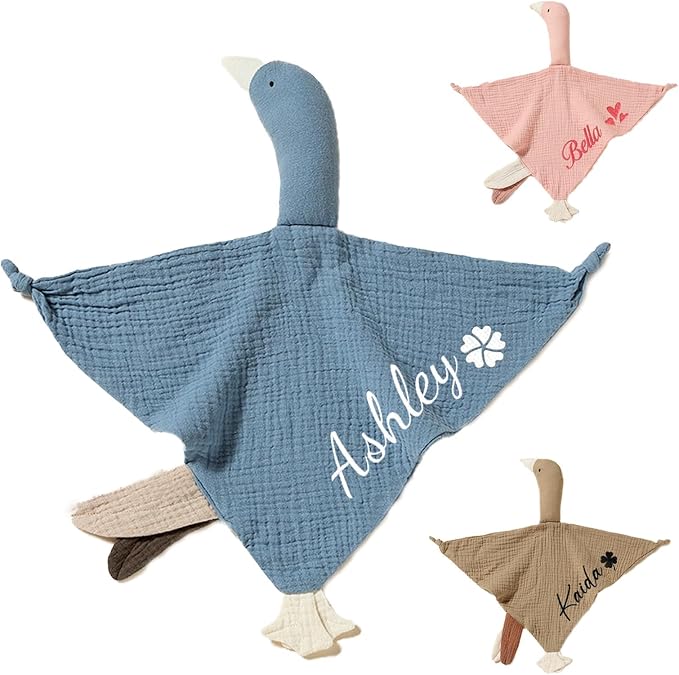Personalization Baby Lovey Blanket,Organic Cotton Muslin Security Blanket with Cute Goose Design | Hypoallergenic Newborn Gift for Christening, Baby Shower & Nursery Essentials