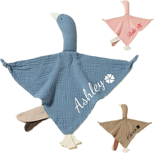 Personalization Baby Lovey Blanket,Organic Cotton Muslin Security Blanket with Cute Goose Design | Hypoallergenic Newborn Gift for Christening, Baby Shower & Nursery Essentials
