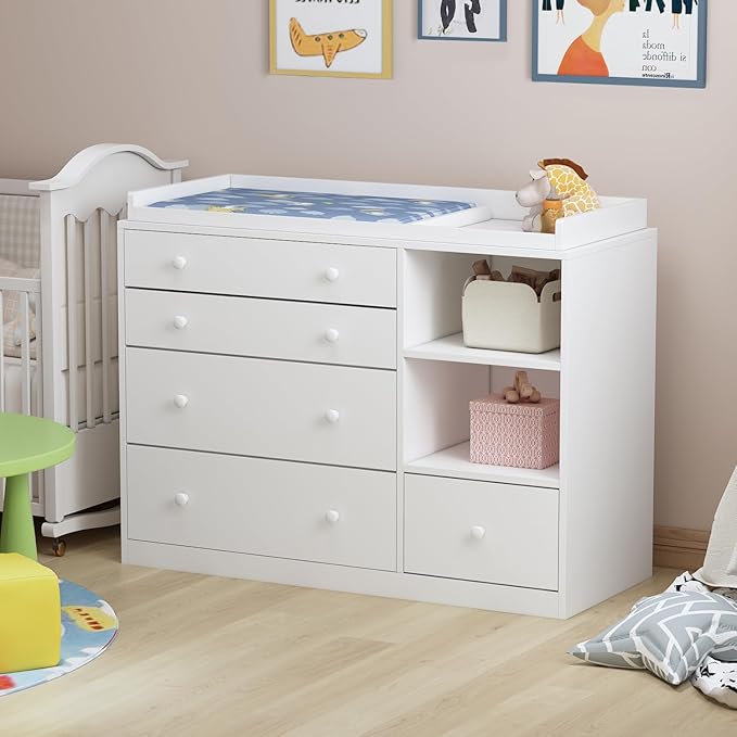 AIEGLE Nursery Baby Dresser, White Bedroom Dresser with 5 Drawers & Storage Shelves, Wood Chest of Drawers Nursery Storage Kids Organizer (47.6" W x 19.7" D x 36.1" H)