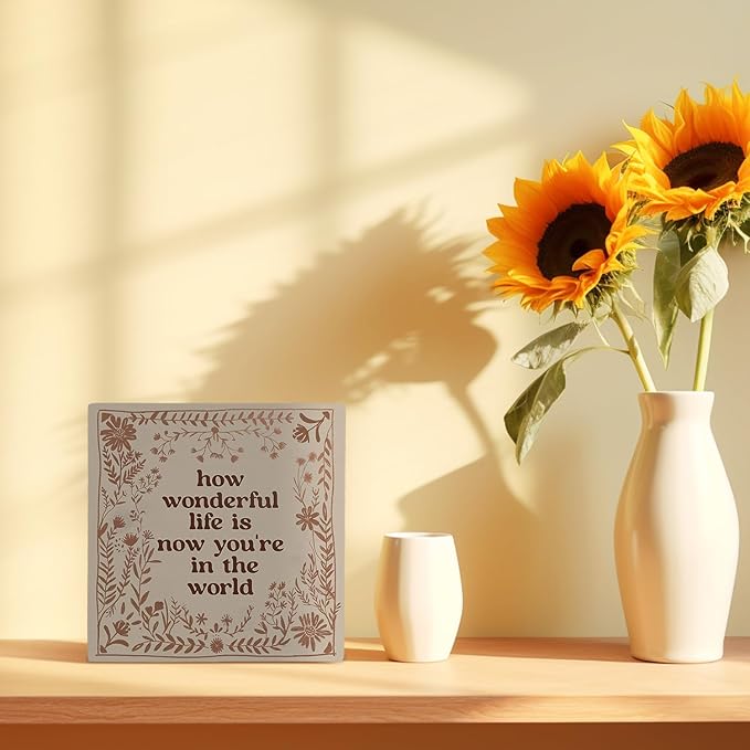 How Wonderful Life Is Now You're In The World Wooden Box Sign 5x5 Inch,Boho Floral Sign For Nursery Kids Boy Girl Newborn Teen Bedroom Home Shelf Table Decor