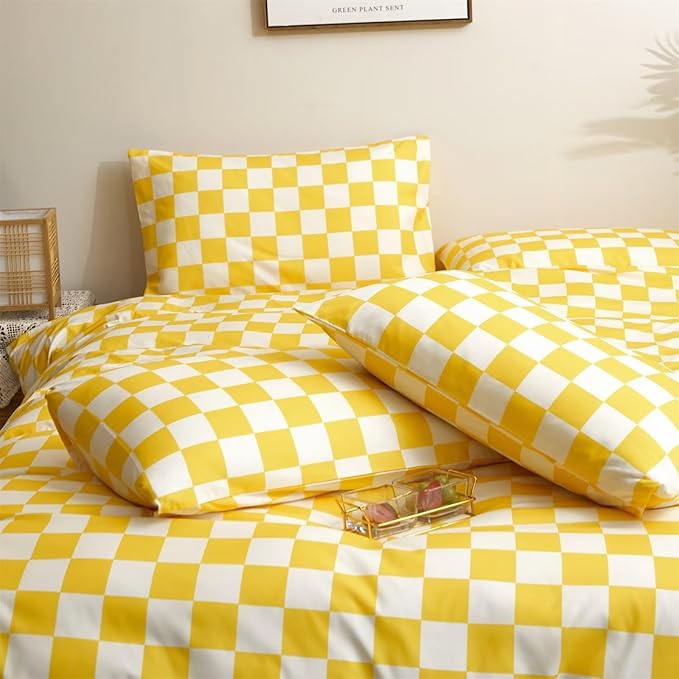 Houseri Yellow and White Plaid Duvet Cover King Light Yellow Buffalo Checkered Duvet Cover Bedding Sets King Women Modern Bright Yellow Grid Checkerboard Duvet Cover King Size Men Gingham Bedding King