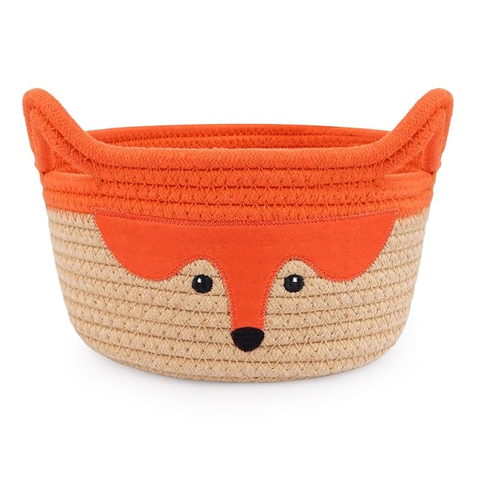 Small Storage Basket, Cute Fox Animal Gift Basket for Nursery, Woven Rope Cotton Storage, Soft Baby Towel 0rganizer with Ears Handles, Caddy Blanket Towel Decor Storage Bin, 8.2"D x 4.7"H in