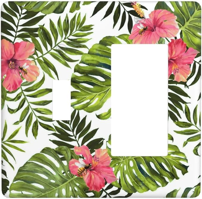 Tropical Plant Green Palm 2 Gang Light Switch Cover Decorative Combination Wall Plate Banana Leaves Pink Flower Rainfores Jungle Botanical Single Toggle Rocker Electrical Faceplate for Kitchen Home