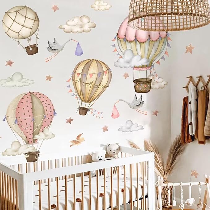 SANDOO Hot Air Balloon Wall Decals Peel and Stick - Neutral Nursery Decals,Stars Clouds Wall Stickers,Watercolor Wall Decal for Nursery Kids Room Playroom Bedroom Classroom Kindergarten Wall Decor