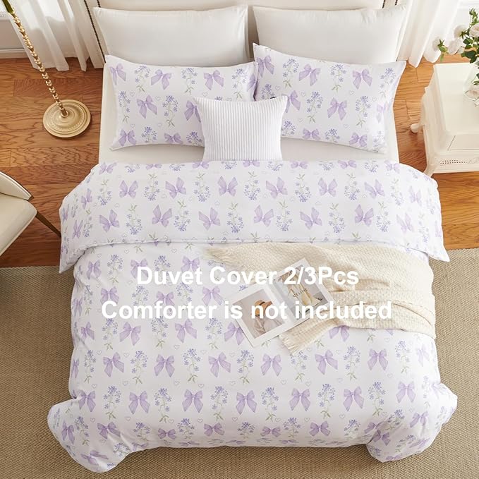Purple Bow Duvet Cover Twin 2Pcs Girls Floral Duvet Cover Set, Cute Romantic Princess Style Bowknot Bedding Set Soft Microfiber Garden Flower Bedding with 1 Pillowcase(No Comforter)
